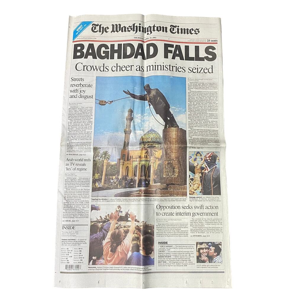 Washington Times Baghdad Falls Iraq War Front Page Newspaper April 10 2003